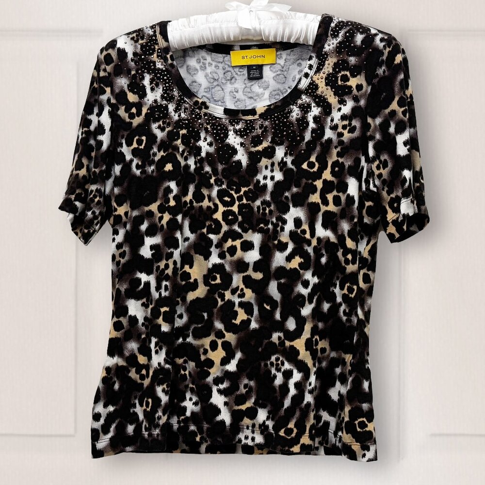 St. John Leopard Print T-Shirt Embellished Size M